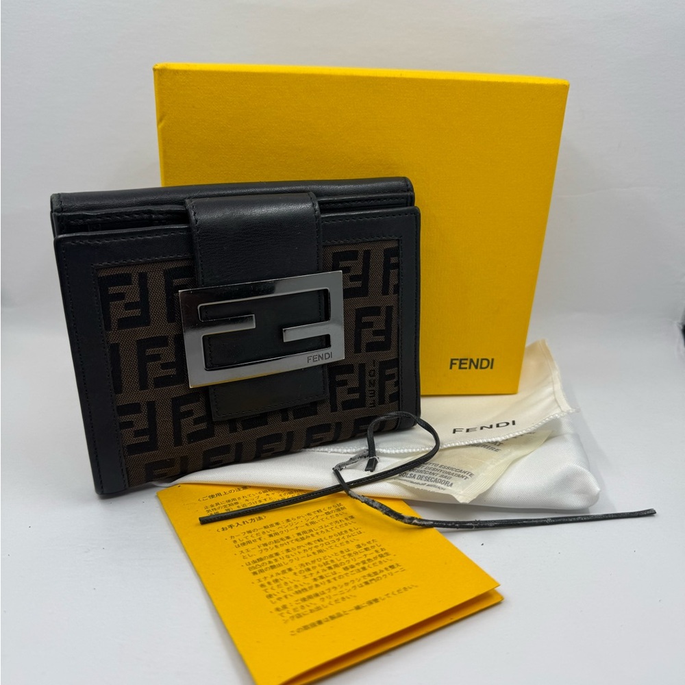 Fendi Canvas Compact Black and Brown Bifold Wallet 21018
